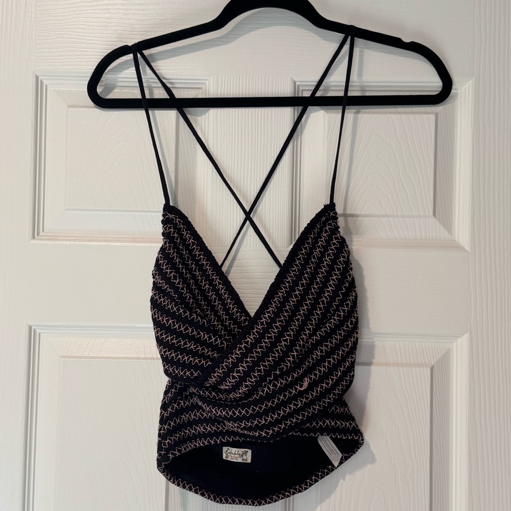 Free People Black and Pink Textured Top